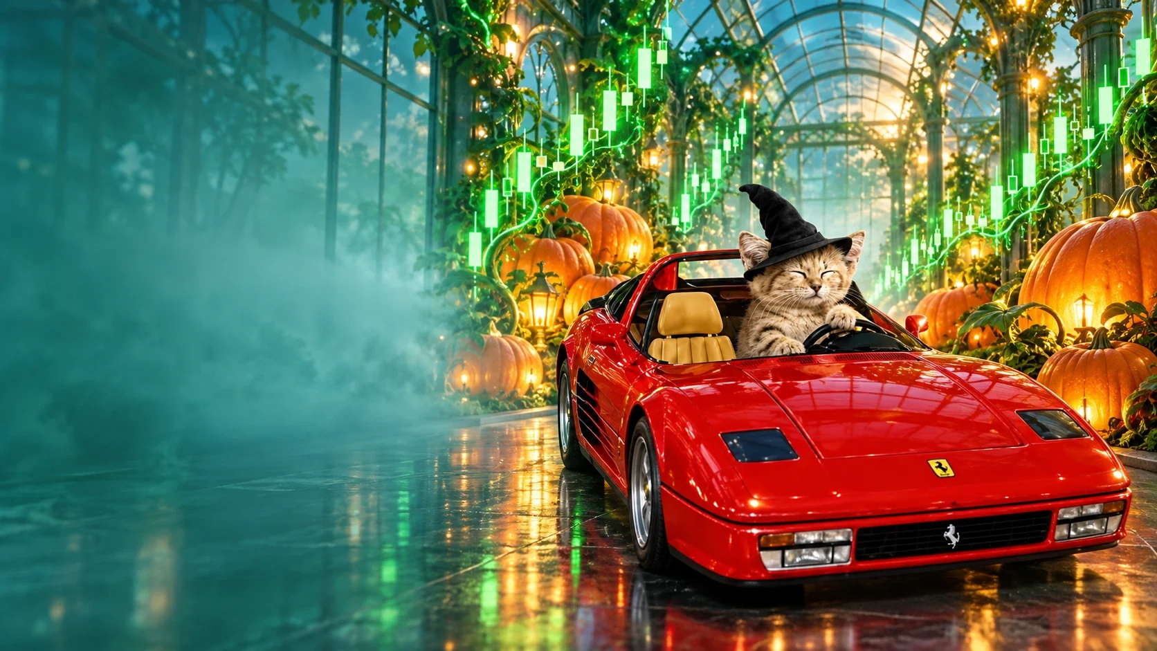 A sleepy tabby kitten in a black witch hat driving a red sports car through a glass greenhouse full of pumpkins and glowing green candles
