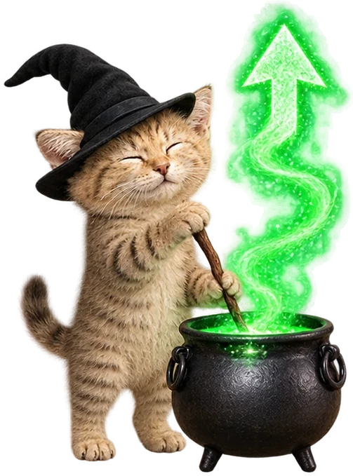The kitten stirring a black cauldron with a glowing green arrow rising from it