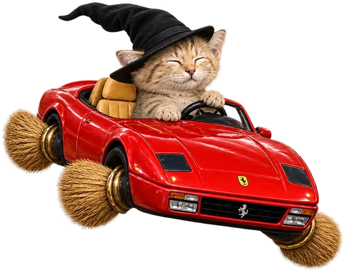 The kitten driving the red car, which floats on four broom heads instead of wheels