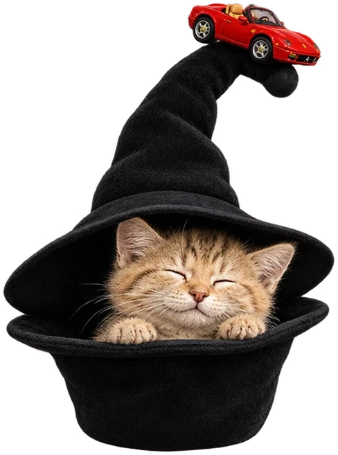 The kitten asleep inside her witch hat with a tiny red car parked on the tip